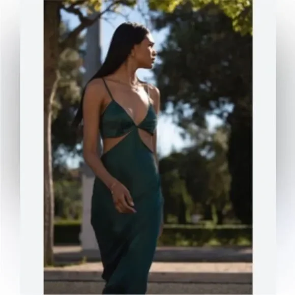 NWT Reformation Poppies silk cutout dress in Forest green - Picture 9 of 13